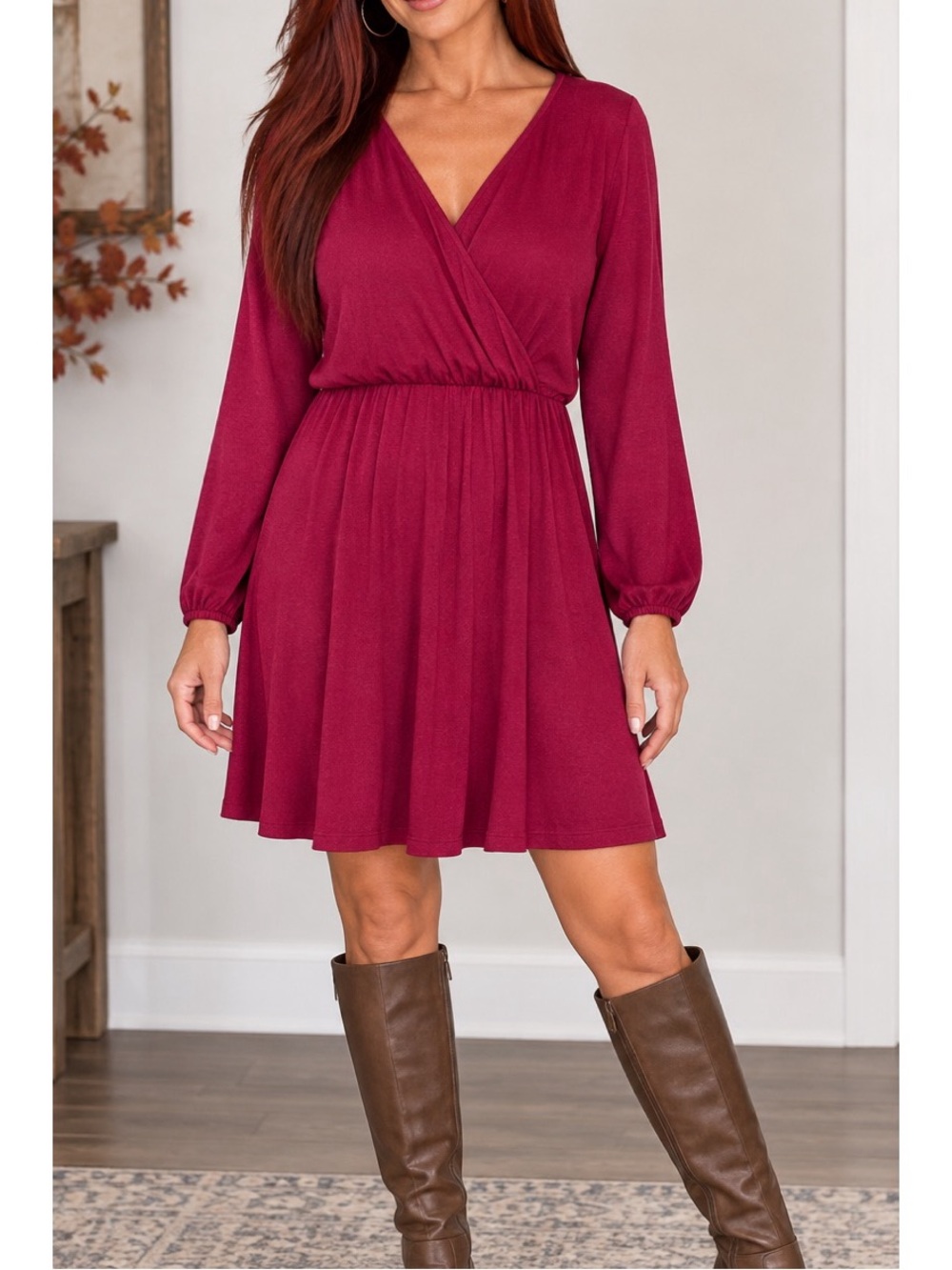 Leading Star, Beautiful rich raspberry dress featuring a flattering V-neckline